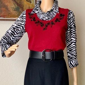 EUC DressBarn Red Black Embroidered vest sweater